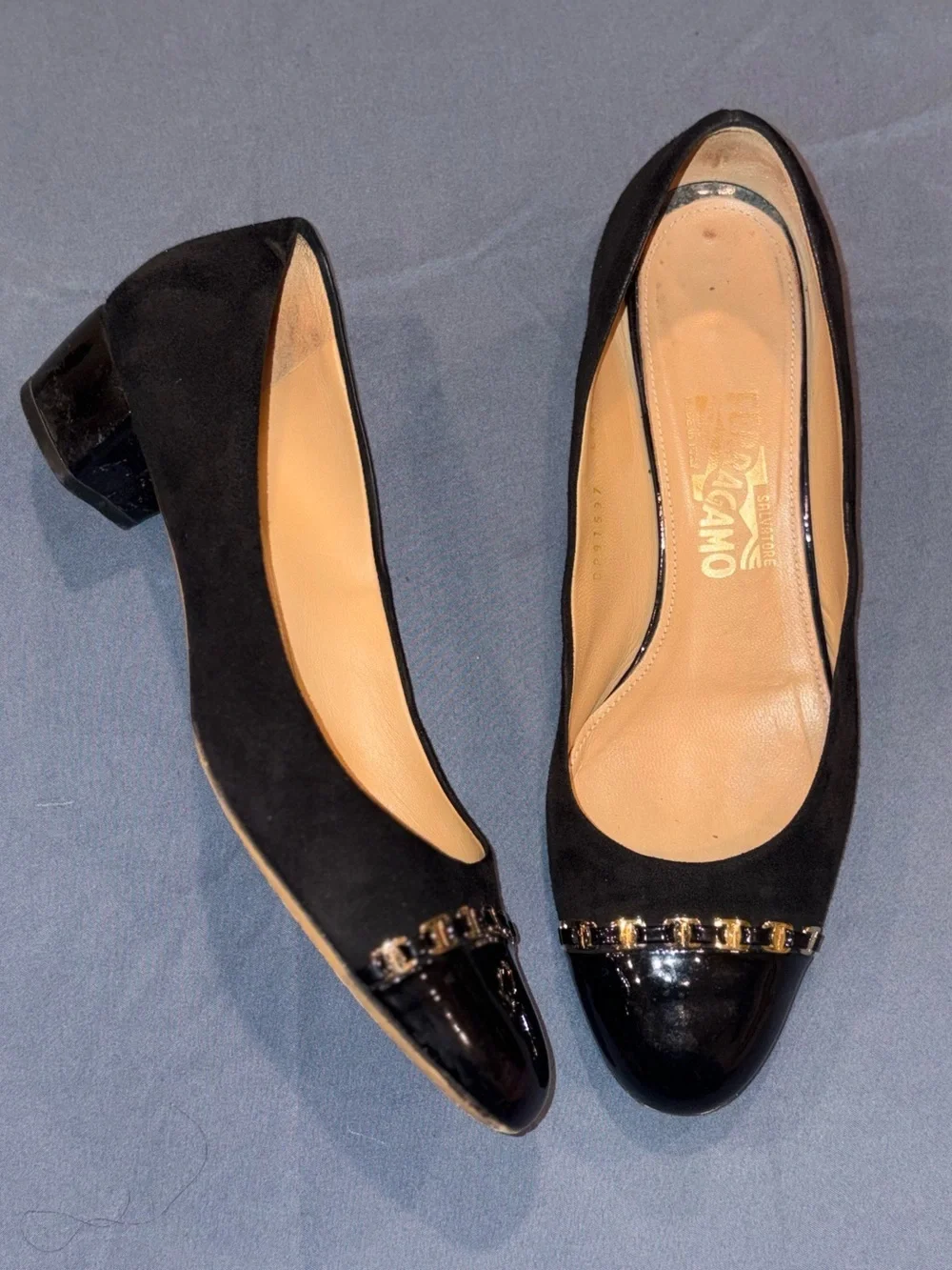 Salvatore Ferragamo Black Suede and Patent Pumps